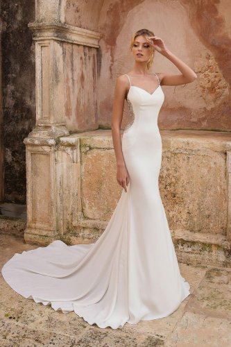 Spaghetti Straps Backless Luxury Beads Wed Dress Sweep Train Beach Country Bridal Gowns