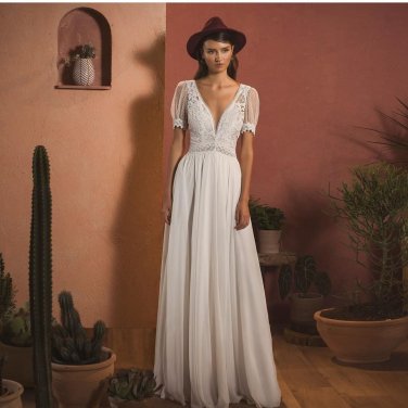 Bohemian Wedding Dress V-Neck Floor Length Short Sleeve Lace Chiffon Bridal Gowns