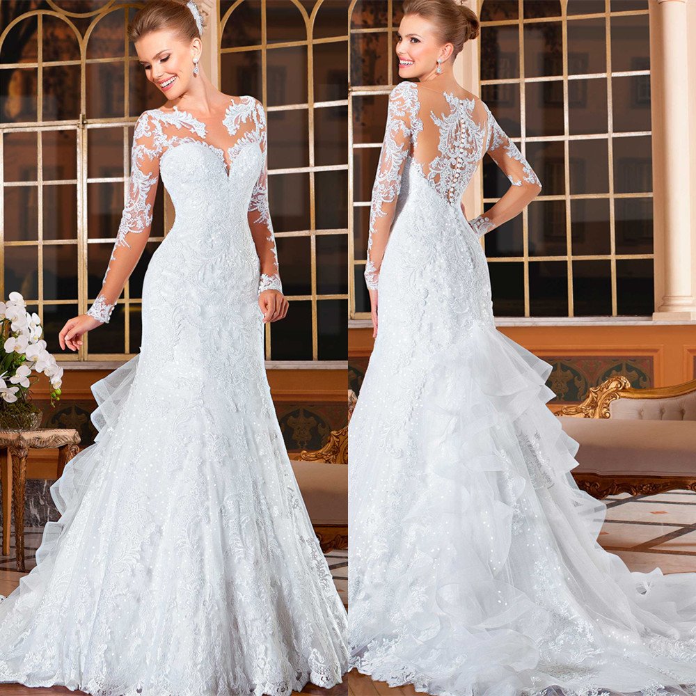 Cap Sleeve Luxury Sequin Lace Wedding Dress  Mermaid Wedding Dresses