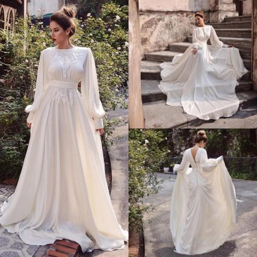Chiffon A Line Wedding Dress Boho Beach Long Sleeve Backless Plus Size Bridal Gowns
