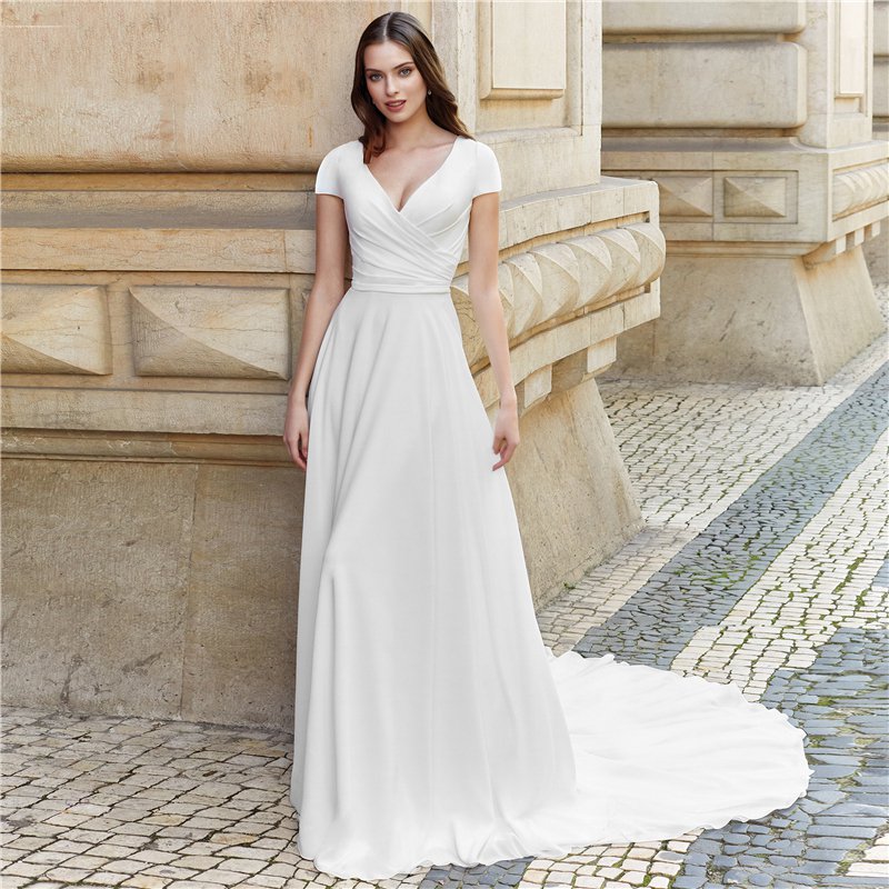 Short Sleeve V Neck Pleated Wedding Dress Buttons Up Simple Satin Chiffon Sweep Train Bridal Gowns