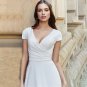 Short Sleeve V Neck Pleated Wedding Dress Buttons Up Simple Satin Chiffon Sweep Train Bridal Gowns