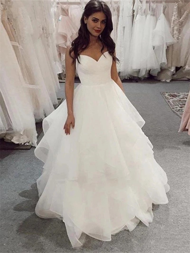 A Line Sleeveless Sweetheart Tulle Ball Gown Wedding Dress