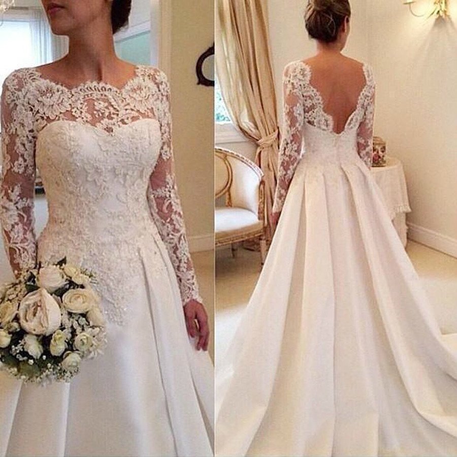 Long Sleeve Wedding Dress Neckline And Lace Suitable For Bra Cut Tail Back Open Sexy