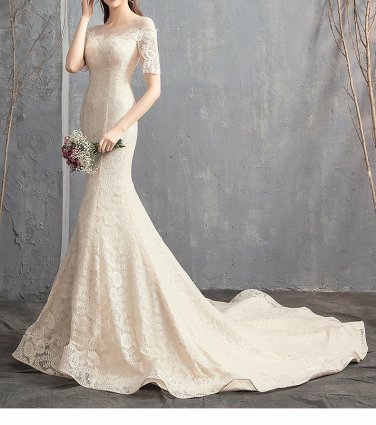 Sexy Boat Neck Short Sleeve Princess Lace Appliqued With Train Formal Elegant Boho Bridal Gowns