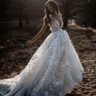 Sexy Bohemian Wedding Dress  Short Sleeves Deep V Neck 3d Floral Appliques Bridal Gowns