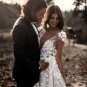 Sexy Bohemian Wedding Dress  Short Sleeves Deep V Neck 3d Floral Appliques Bridal Gowns