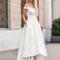 Vintage Front Short Long Back Wedding Dress Off Shoulder Boat Neck Satin Short Wedding Gown