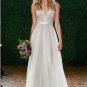 V-Neck Lace & Tulle Long Beach Wedding Dresses Floor Length Sleeves Grey Bride Dress
