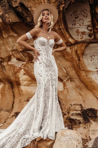 Bohemian Full Lace Mermaid  Wedding Dresses Off The Shoulder Sweetheart Appliqued Bridal Gowns