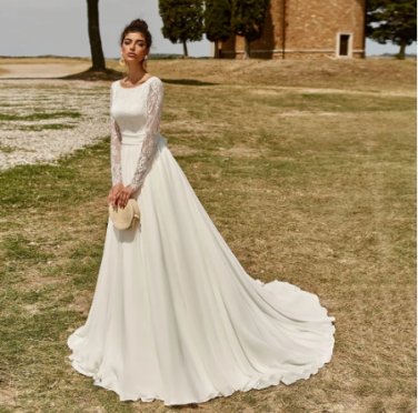 Elegant Long Sleeve Lace Chiffon Backless A Line Court Train Beach Bridal Gown