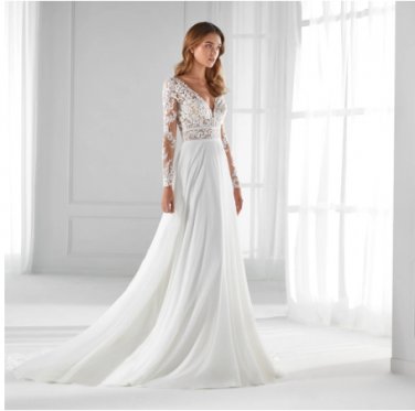 A Line Chiffon White Ivory Illusion Lace Long Sleeve Backless Vintage Formal V Neck Bridal Gown