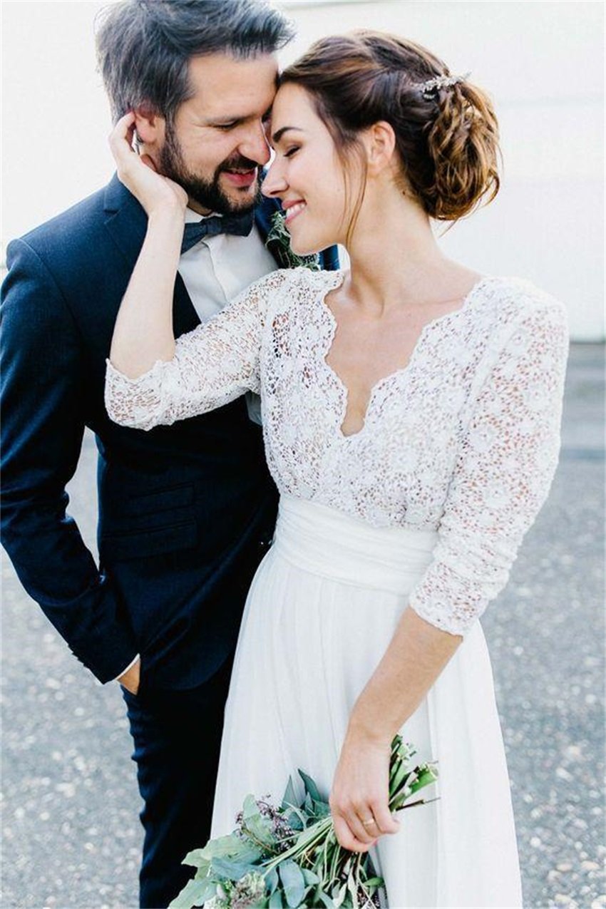 Boho Wedding Dresses Deep V-neck 3/4 Sleeves Backless Beach Wedding Gowns Bride Dresses