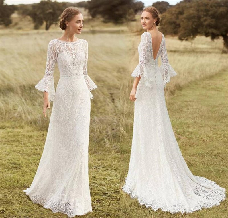 Scoop Beach Style Sweep Train Wedding Dress Elegant Lace Bell Sleeve Bohemian Backless Bridal Gowns