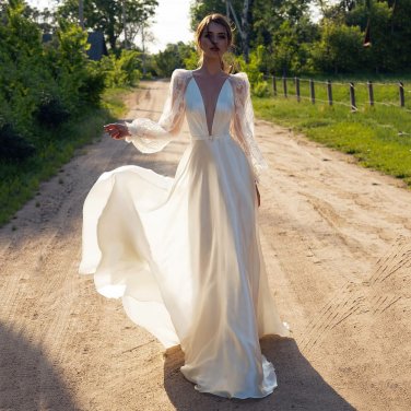 Sexy Ivory Satin And Lace Wedding Dresses Long Puffy Sleeves Deep V Neck Bride Wedding Gown