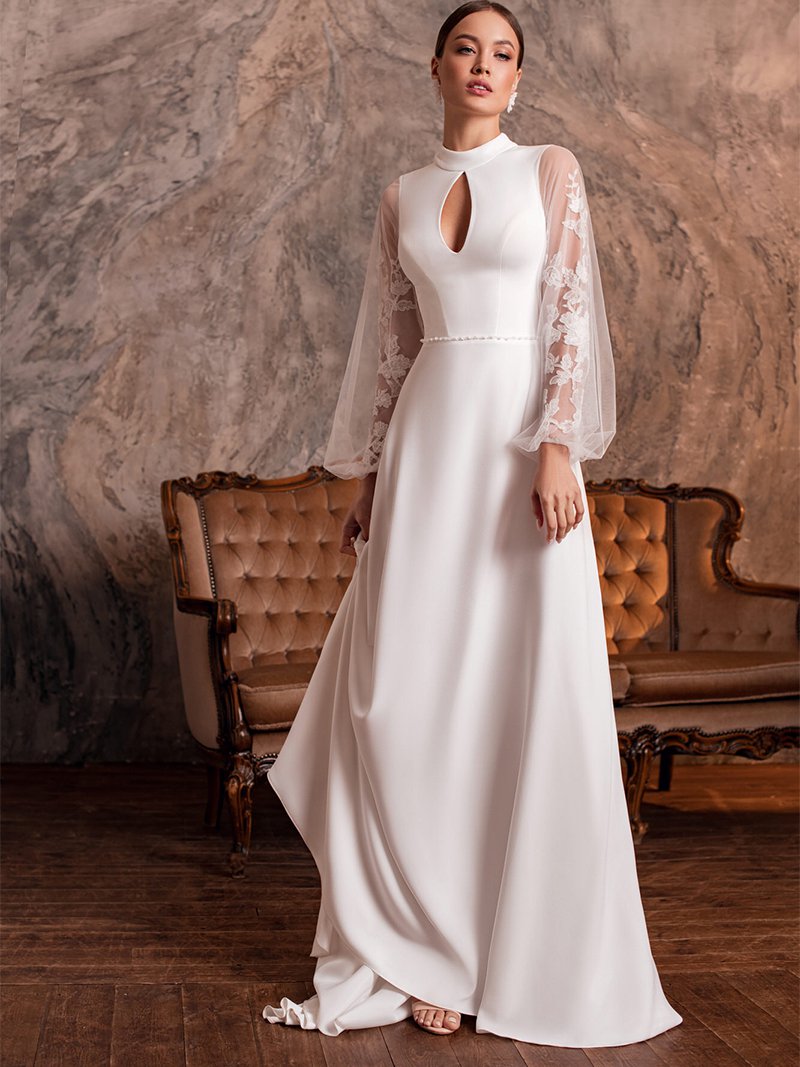 A Line High Neck Keyhole Wedding Dress Vintage Long Transparent Sleeve Lace Bridal Gowns