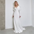 A Line Satin Wedding Dress V Neck Long Puff Sleeves Bridal Gown