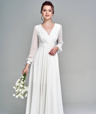 Long Sleeve Wedding Dress Chiffon Side Slit A-Line Floor length Simple Beach Wedding Dress