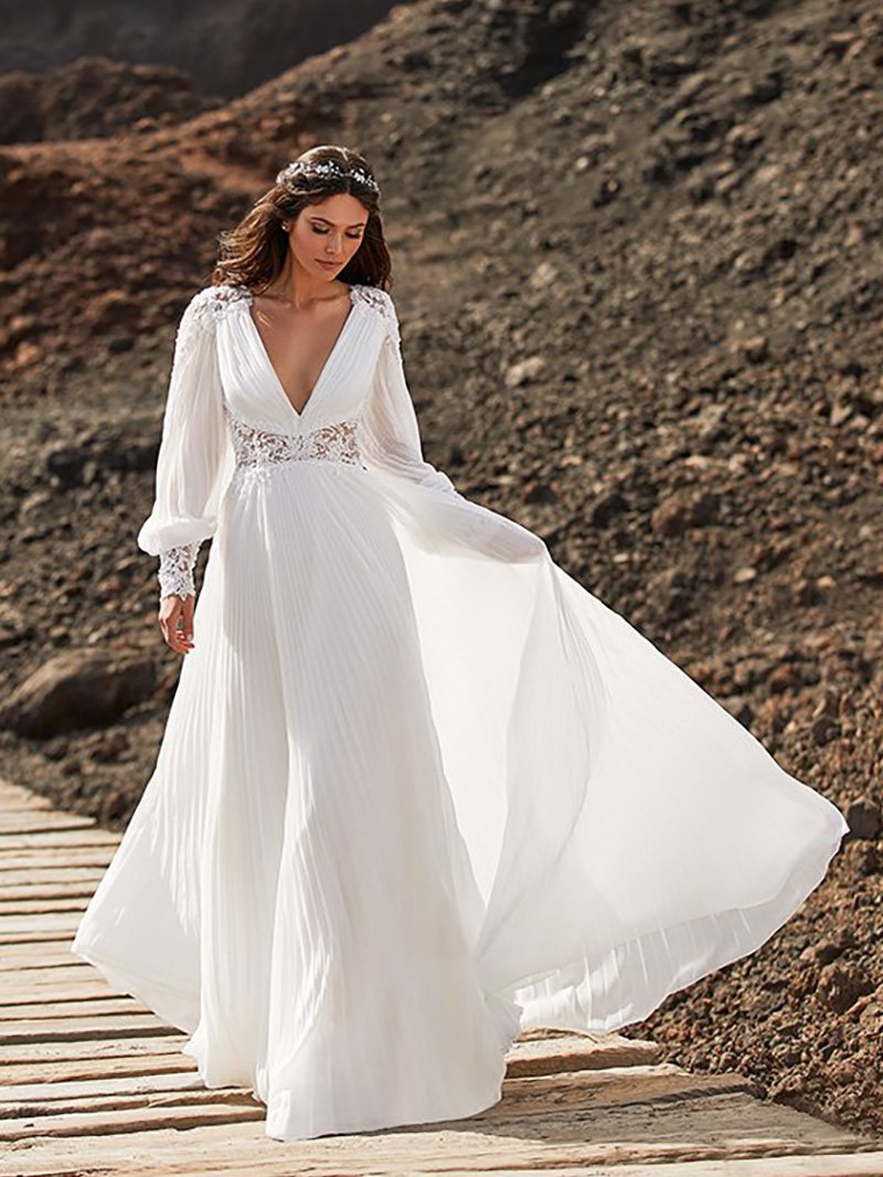Long Transparent Sleeves Pleated Chiffon Beach Wedding Dress