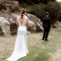 Sheath Satin V Neck Wedding Dress Open Back Low Cut Sleeveless Simple Cheap Bridal Gown
