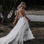 Bohemian Lace 3D Flowers Plunging V Neck Sexy Side Slit Open Back Rustic Vintage Bridal Dress