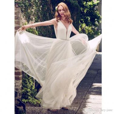 Wedding Dress Boho V Neckline Pleated Tulle Simple Sequin Beaded Neckline A Line Bridal Gown