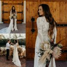 Bohemian Lace A Line  Long Sleeve Chiffon Floor Length Side Split Beach Boho Wedding Dress