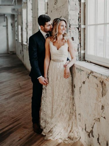 Spaghetti Straps Crystals Beading Sash Open Low Backless Bohemian Bridal Gowns