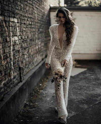 Bohemian Jumpsuits Wedding Dresses Lace Appliqued Deep V Neck Bridal Gown