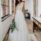 A-line V Neck Lace Wedding Dresses Backless Floor Length Sleeveless Tulle Bridal Gowns