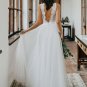 A-line V Neck Lace Wedding Dresses Backless Floor Length Sleeveless Tulle Bridal Gowns