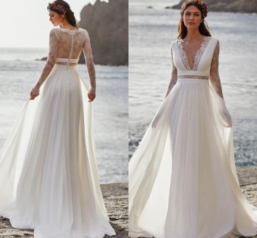 Bohemian Wedding Dresses with Long Sleeve Lace Chiffon Bridal Gown
