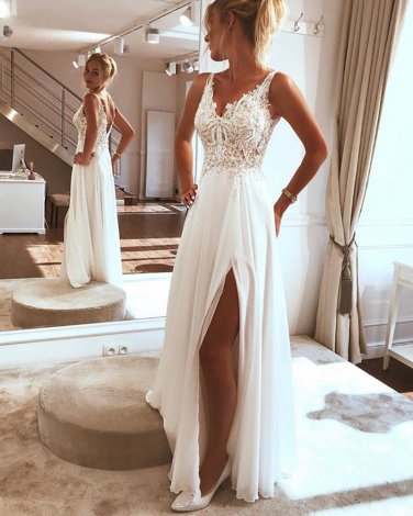 Beach Wedding Dresses Side Split Chiffon Lace Boho Straps V-back White Ivory Bride Dress