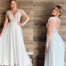 Beach Wedding Dresses with Long Sleeve Modern V-neck Lace Applique Chiffon Boho Wedding Gown