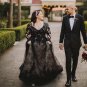 Black Gothic Wedding Dresses with Long Sleeve  Full Lace  Sweep Train Bohemian Country Bridal Dress