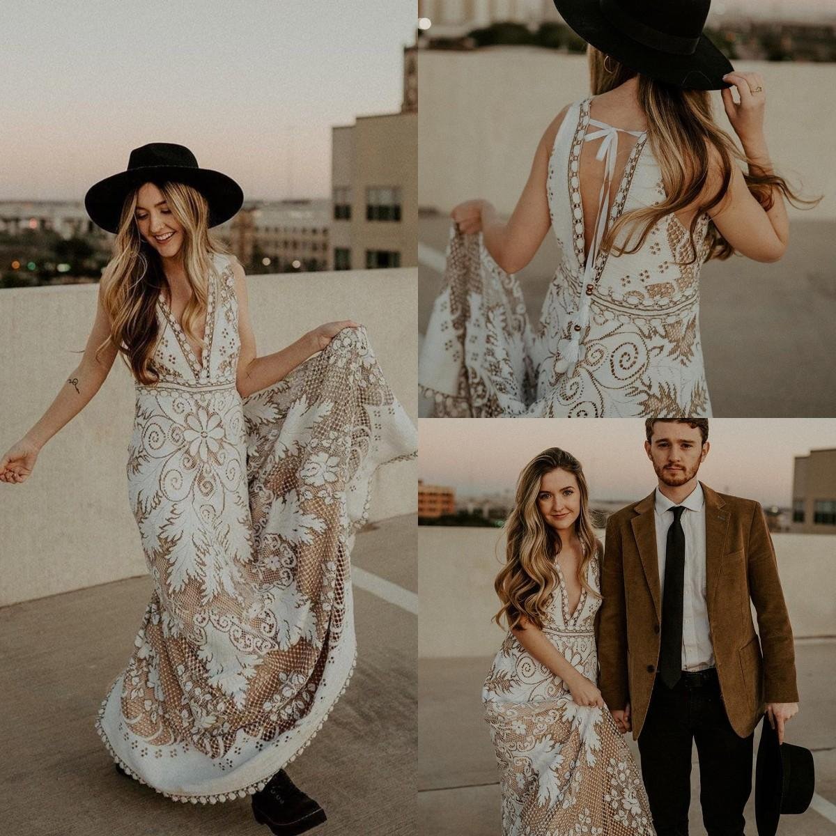 Bohemian A Line Wedding Dresses  Deep V Neck Lace Appliqued Sleeveless Country Style Wedding Dress