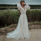 Bohemian Beach Wedding Dress Sexy Backless Side Split Long Sleeves A Line Elopement Bridal Gowns