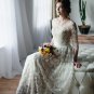 Bohemian Beach Wedding Dresses Lace Appliqued V Neck 3-4 Long Sleeve Wedding Dress