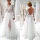 Bohemian Deep V Neck Wedding Dresses with Sleeves Split Side Tulle Bridal Gowns