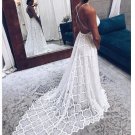 Bohemian Lace Beach Wedding Dress, Halter Backless Lace Wedding Dress