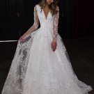 Bohemian Long Sleeves A Line Wedding Dress Vintage  Lace Sexy V Neck Sweep Train Bridal Gowns