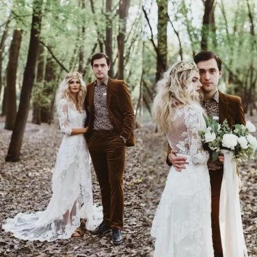 Bohemian Wedding Dresses Appliques Lace Dotted Tulle 3/4 Long Sleeve Sheer Back Elegant