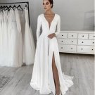 Satin V Neck Wedding Dress Party Dresses Long Sleeves Bride Gowns