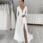 Satin V Neck Wedding Dress Party Dresses Long Sleeves Bride Gowns