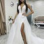 Bohemian Split Wedding Dresses A Line V Neck Sexy Backless Lace Appliqued Bridal Gowns