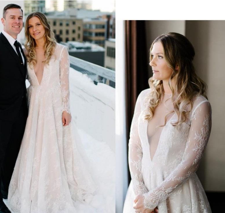 Modest Full Lace Wedding Dresses  V Neck Backless Long Sleeves Country Bridal Gowns