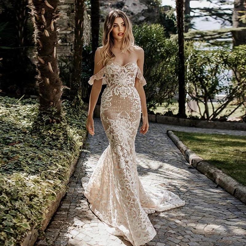 champagne lace mermaid wedding dress