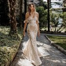 Sexy Bohemian Champagne Mermaid Wedding Dresses Off The Shoulder Long Boho Beach Bridal Gowns