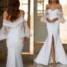 Sexy Split Mermaid Wedding Dresses Off Shoulder Puffy long Sleeves Satin Bridal Gown