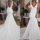 Simple Sexy Backless V Neck Sweep Train Satin Wedding Dresses Bridal Gowns